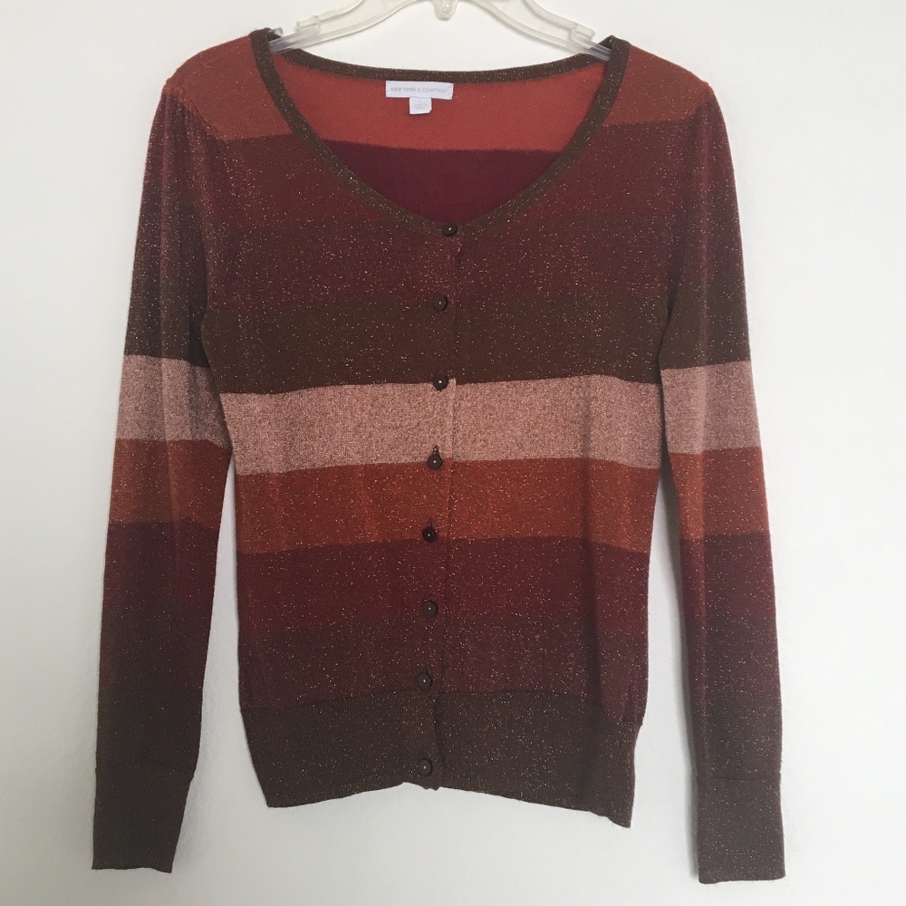 New York & Company Metallic Multi Color Cardigan Color Block Long Sleeve Stretch